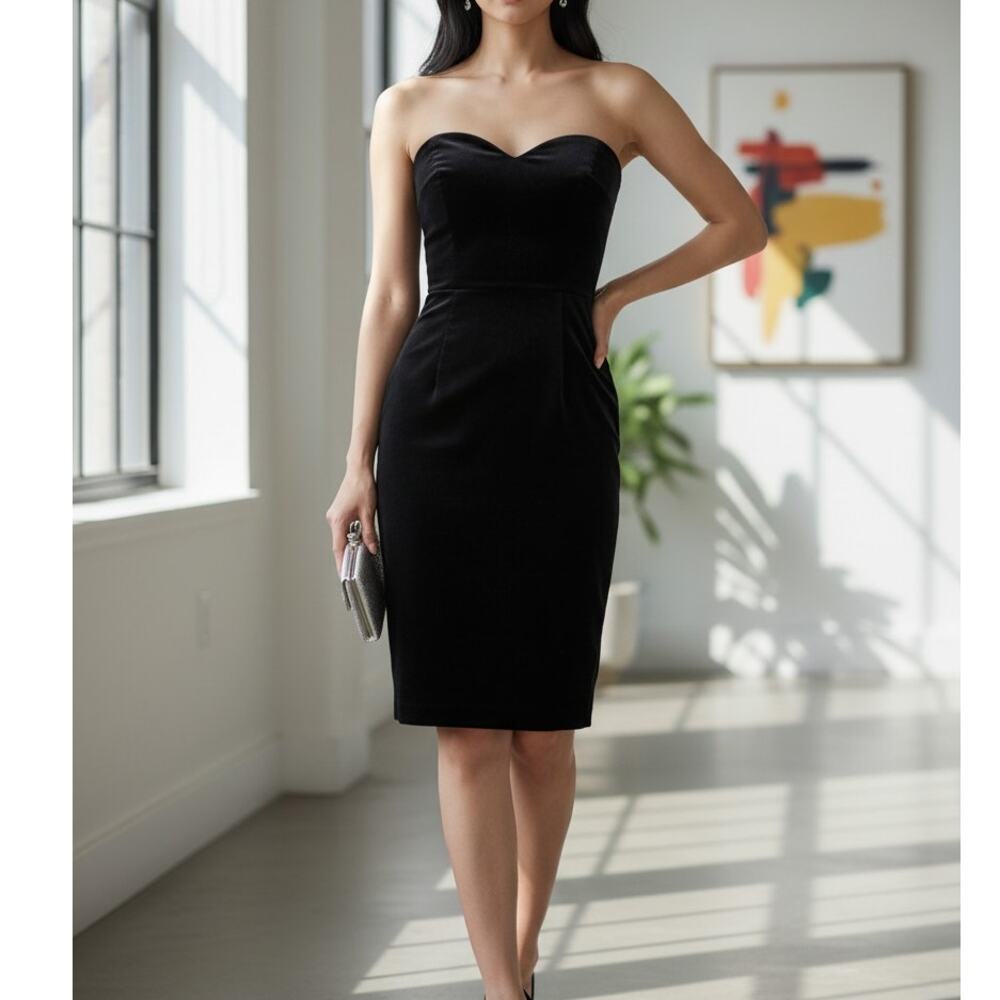 Vintage 80s Black Velvet Strapless Bodycon Dress Union Made USA